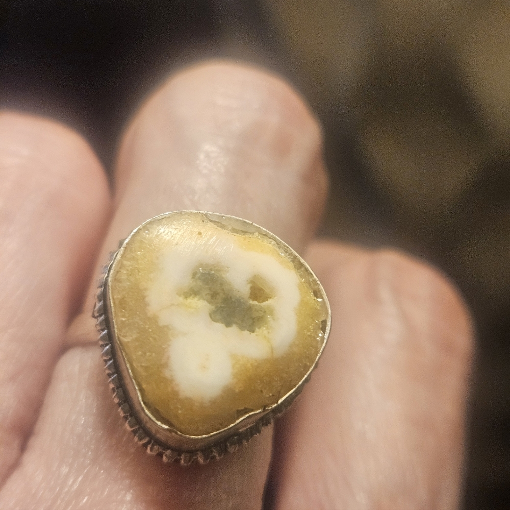 YELLOW&CREAM DRUZY/STERLING RING.COOL SHAPED STONE.ARTISAN MADE.